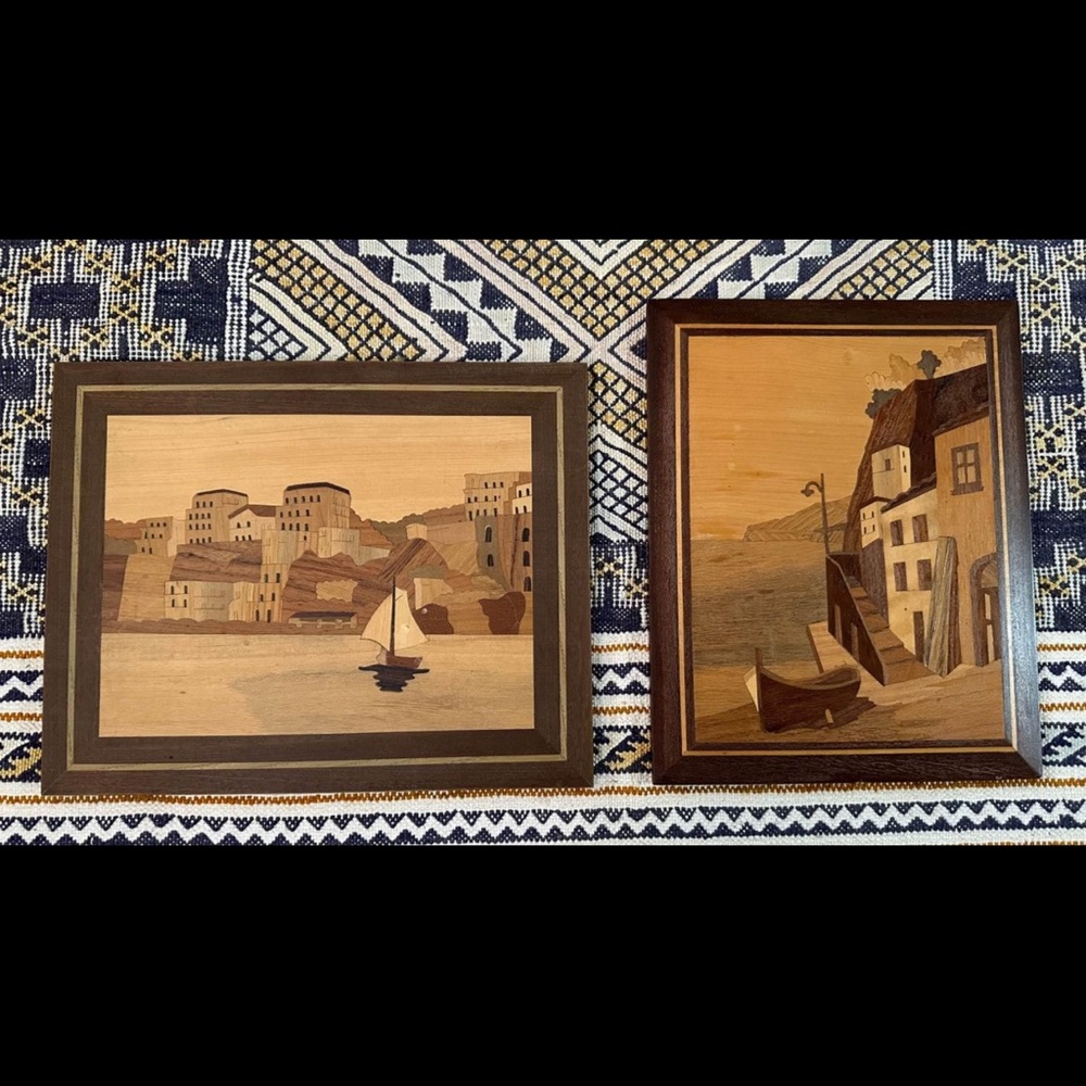 2 Marquetry Italian Wood Inlay Wall Art